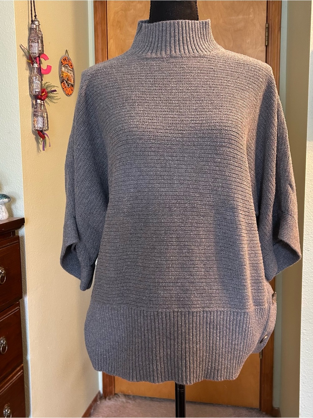 Loft gray ribbed dolman short sleeve oversized boxy sweater mock turtleneck XL